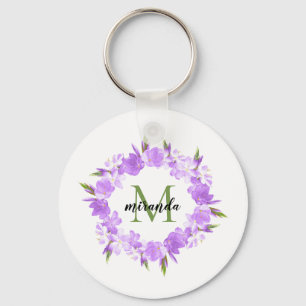 Watercolorlila Blumenwreath-Namen-Monogramm Schlüsselanhänger