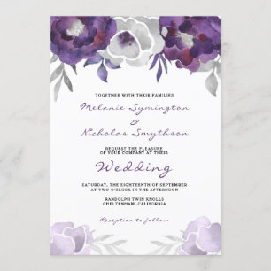 Watercolorlila silberne Blumenhochzeit 3963 Einladung