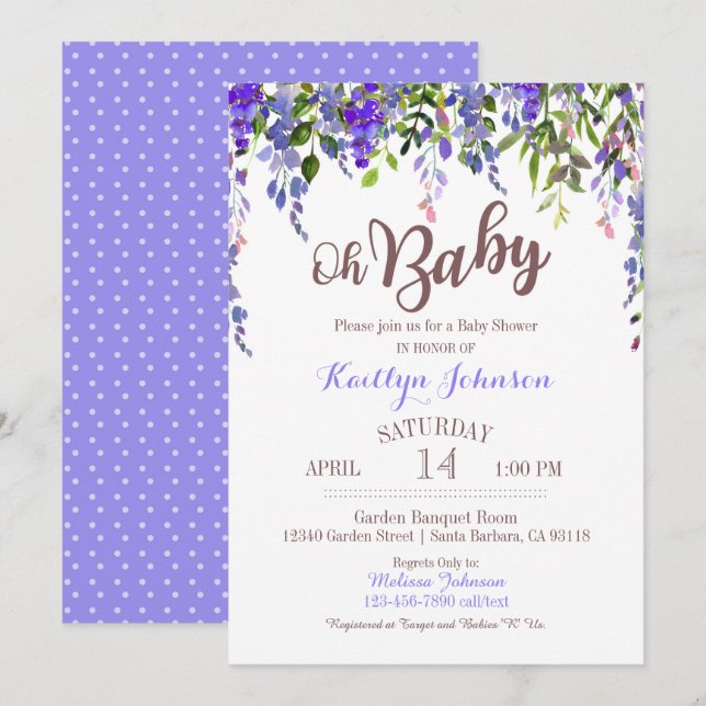 Watercolorlila Wisteria-moderne Baby-Dusche Einladung (Vorne/Hinten)