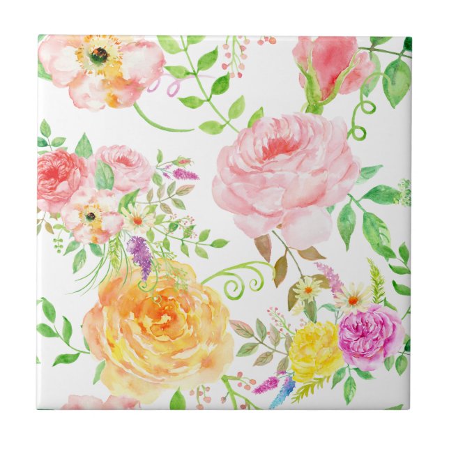 Watercolorrosa- und -pfirsich-Rosenmuster Fliese (Vorderseite)