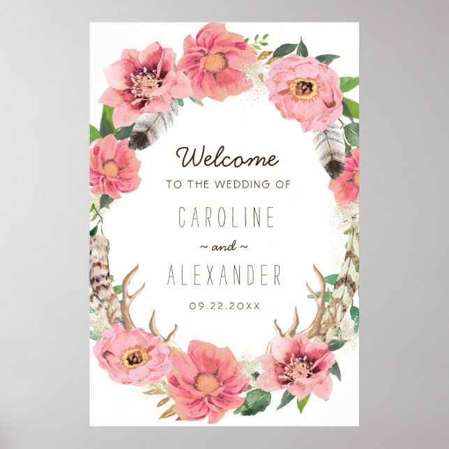 Watercolour Boho Feathers Welcome Sign (24x36) Poster (Vorne)