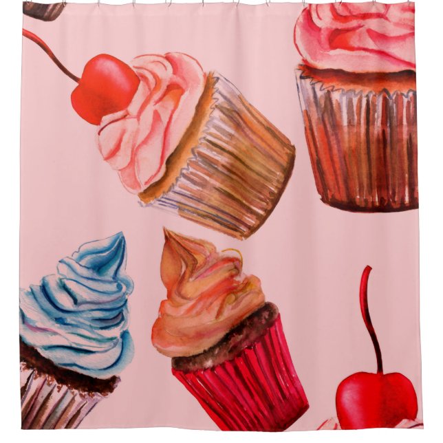 Watercolour cupcakes seamless background pattern,  duschvorhang (Vorderseite)