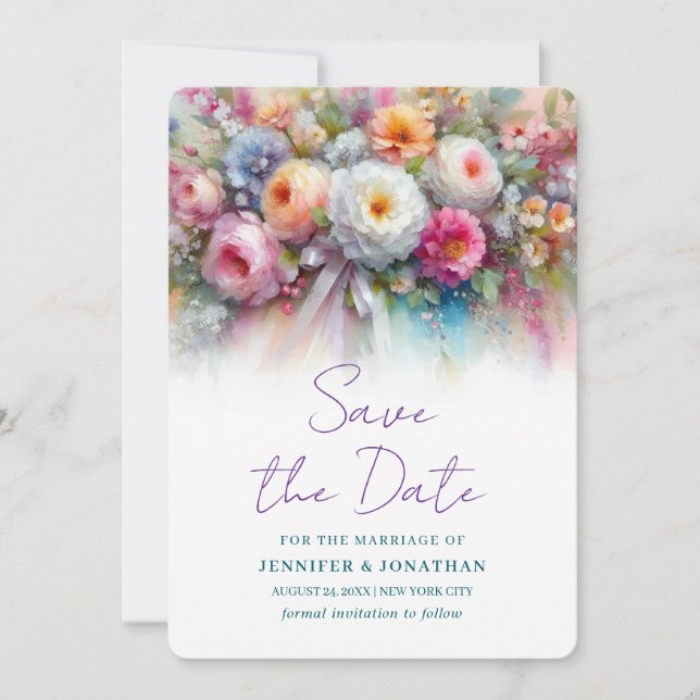 Watercolour Flowers Hand Script Save The Date (Vorderseite)