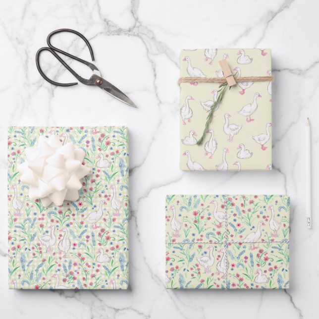 Watercolour Geese and Wildflowers Geschenkpapier Set (Vorderseite)
