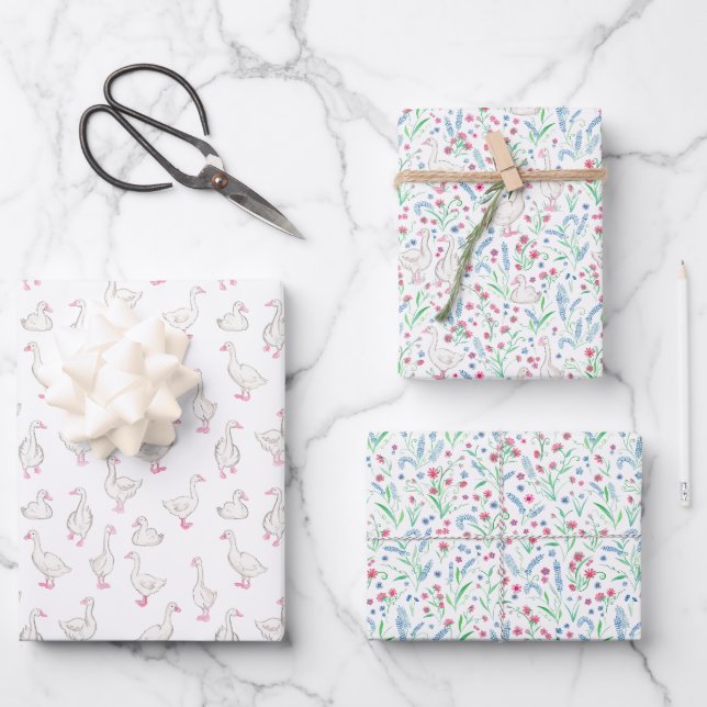 Watercolour Geese and Wildflowers Geschenkpapier Set (Vorderseite)
