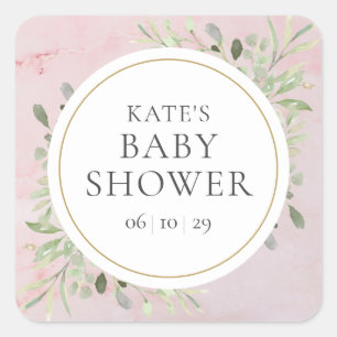 Watercolour Greenery Mädchen Baby Shower Pink Marm Quadratischer Aufkleber