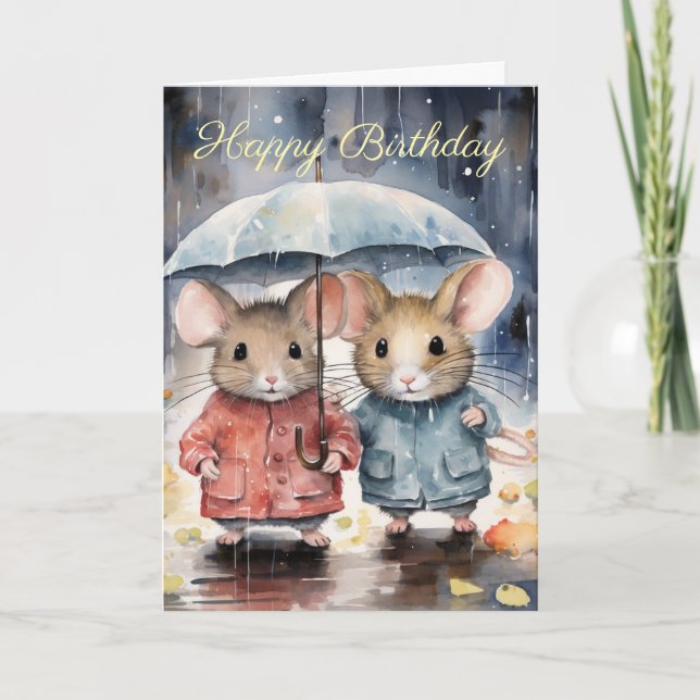 Watercolour Mice in The Rain Karte (Vorderseite)