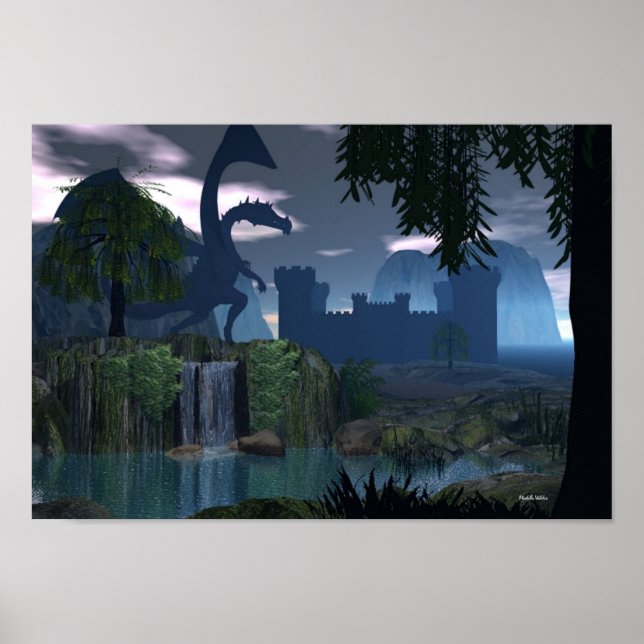 Waterfall-Fantasie mit Dragon Poster (Vorne)