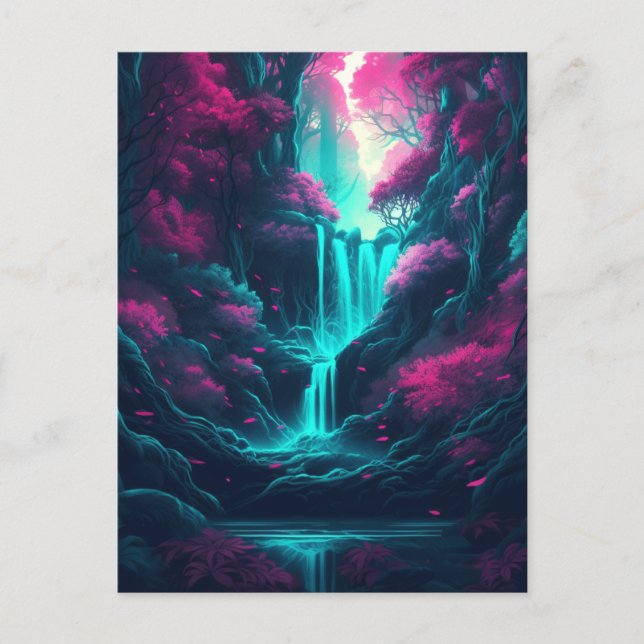 Waterfall Landschaft Wald Pink Blauer Fantasie Postkarte (Vorderseite)