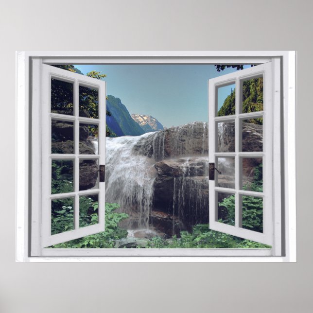 Waterfall Mountain Faux Window View Poster (Vorne)