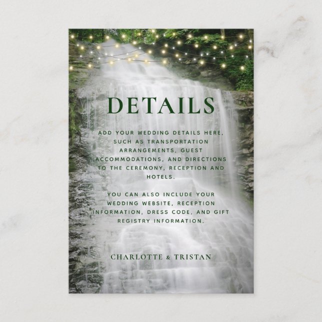 Waterfall String Lights Rustikale Hochzeitdetails Begleitkarte (Vorderseite)