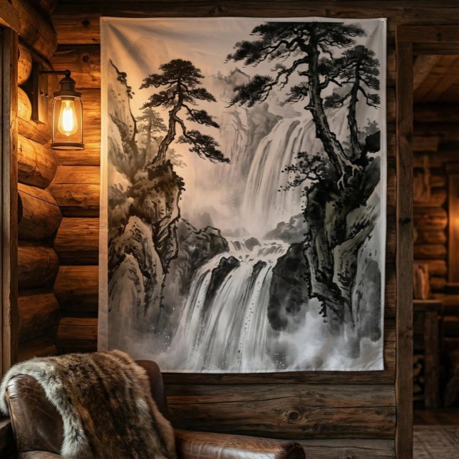 Waterfall Tapestry | Black & White Mountain Art Wandteppich (Von Creator hochgeladen)