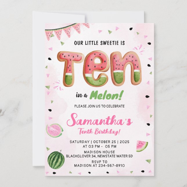 Watermelon 10th Birthday Party Invitation (Devant)