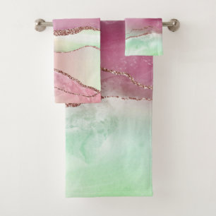 Watermelon Agate Neo Mint Green und Cassis Pink Badhandtuch Set
