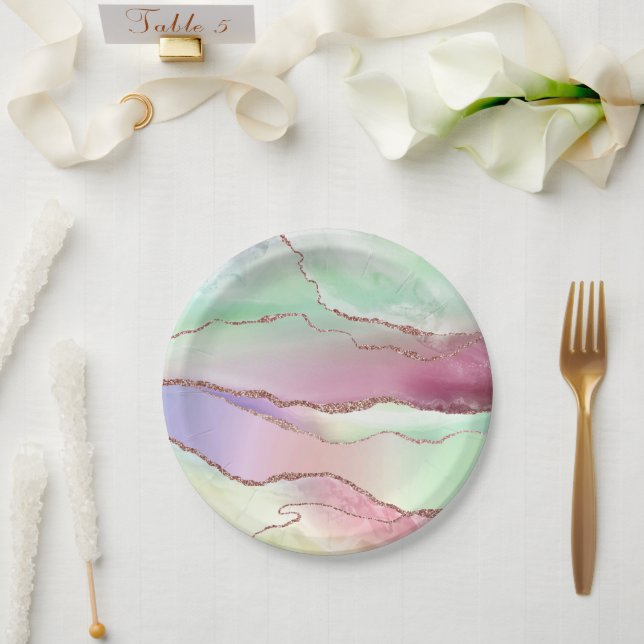 Watermelon Agate | Neo Mint Green und Cassis Pink Pappteller (Hochzeit)