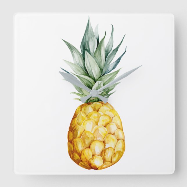 Watermelon Ananas Tropisches Weiß Grau Früchte Quadratische Wanduhr (Vorderseite)