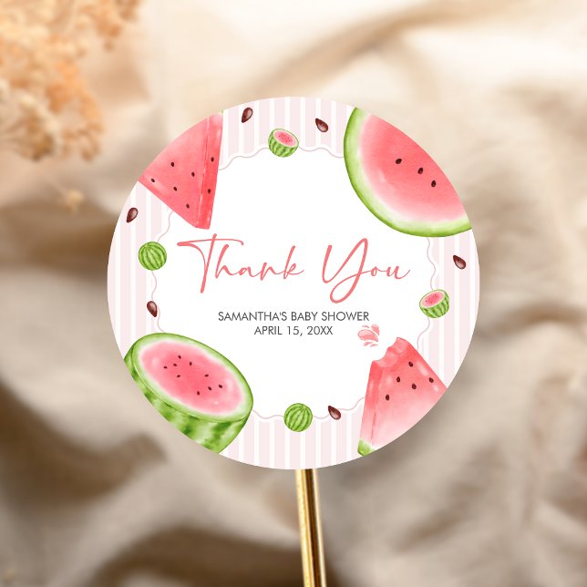 Watermelon Baby Shower Runder Aufkleber (Sweet Little Girl Watermelon Baby Shower Sticker)