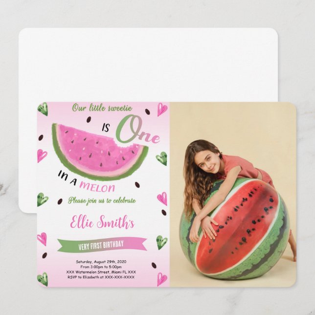 Watermelon Birthday Foto Einladung (Vorne/Hinten)