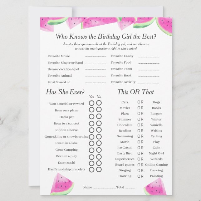Watermelon Birthday girl Trivia Trio Carte de jeu (Devant)