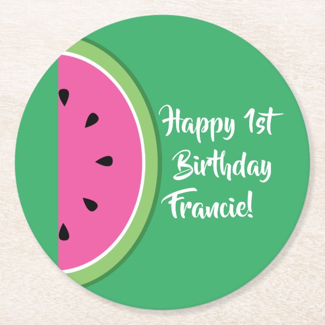 Watermelon Birthday Party Runder Pappuntersetzer (Vorderseite)