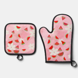 "Watermelon Bloom - Fun Summer Floral Pattern" Ofenhandschuh & Topflappen-Set