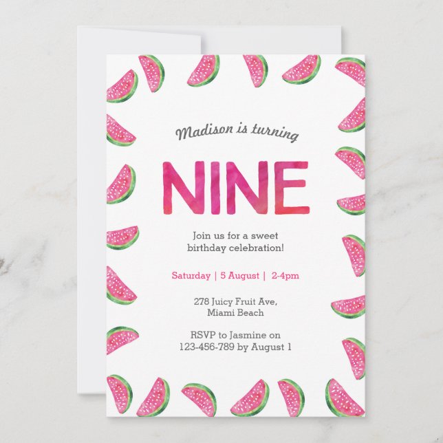 Watermelon Einladung zum 9. Geburtstag (Vorderseite)