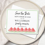 Watermelon Family Wiedersehen Save the Date Ankündigungspostkarte<br><div class="desc">Diese Family Wiedersehen Save the Date Postkarte ist mit Wasserfarben-Wassermelonen dekoriert. Einfach anpassbar. Ändern Sie mithilfe des Entwurfstools die Textgröße,  den Stil oder die Farbe. Weil wir unsere Kunstwerke erstellen,  werden Sie dieses exakte Bild von anderen Designern nicht finden. Original Wasserfarbe © Michele Davies.</div>