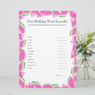 Watermelon First Birthday Word Scramble Game Card Feiertagskarte