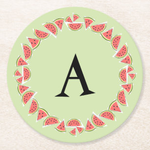 Watermelon Green Pieces Circle Monogram Runder Pappuntersetzer