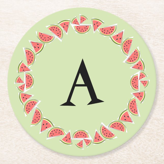 Watermelon Green Pieces Circle Monogram Runder Pappuntersetzer (Vorderseite)