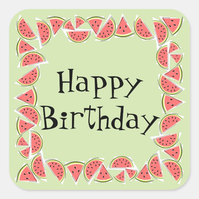 Watermelon Green Pieces Square Happy Birthday Quadratischer Aufkleber (Vorderseite)