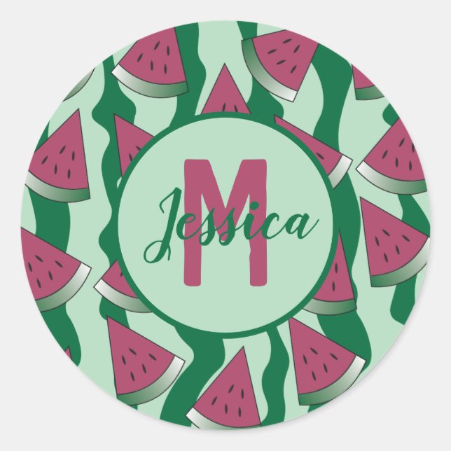 Watermelon-grüner Monogramm-Aufkleber Runder Aufkleber (Vorderseite)