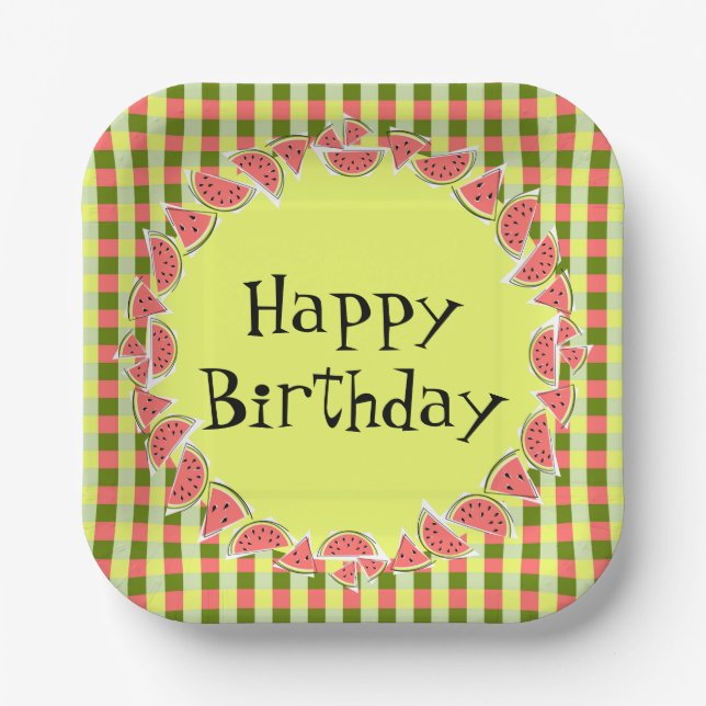 Watermelon Karo Birthday Square Pappteller (Vorderseite)