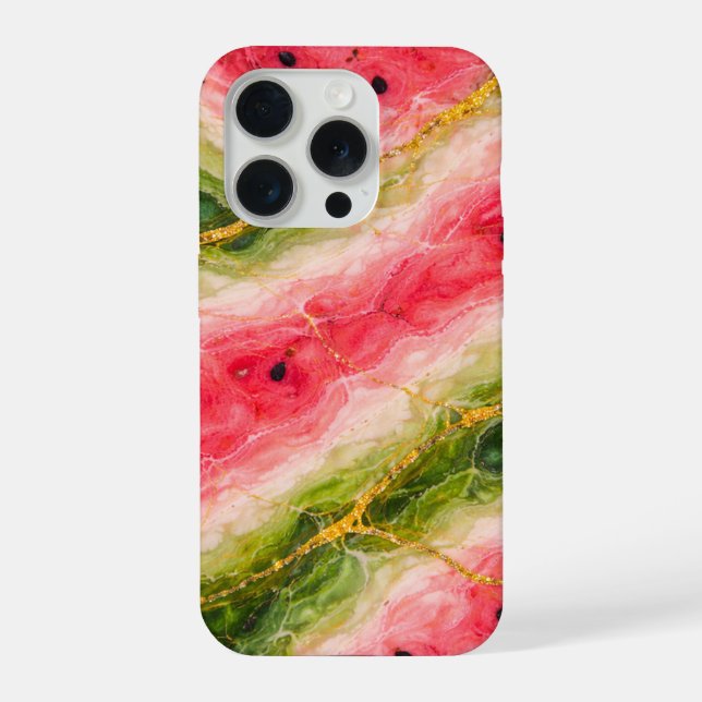 Watermelon Marble with Gold Veining iPhone 15 Pro Hülle (Rückseite)