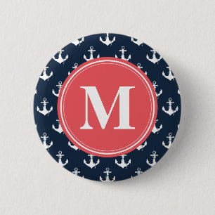 Watermelon Mit Monogramm Navy Blue Anchor Muster Button