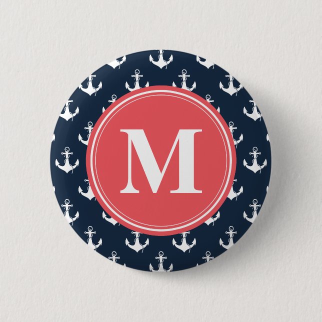 Watermelon Mit Monogramm Navy Blue Anchor Muster Button (Vorderseite)