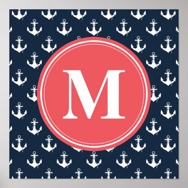 Watermelon Monogrammed Navy Blue Anchor Pattern Poster (Vorne)