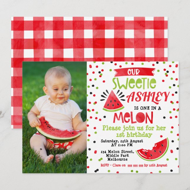 Watermelon One In A Melon Birthday Invitation (Devant / Derrière)