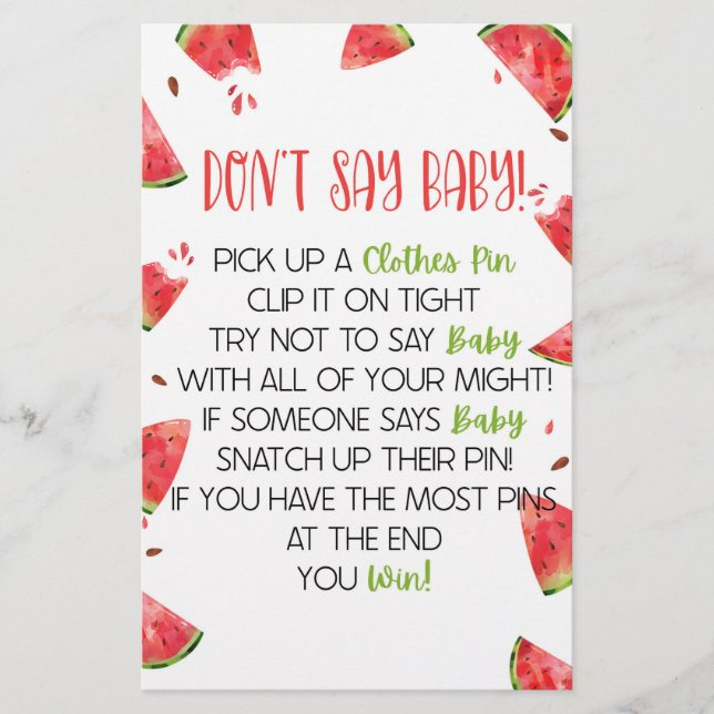 Watermelon Pink Green Don't Say Baby Shower Game Briefpapier (Vorderseite)