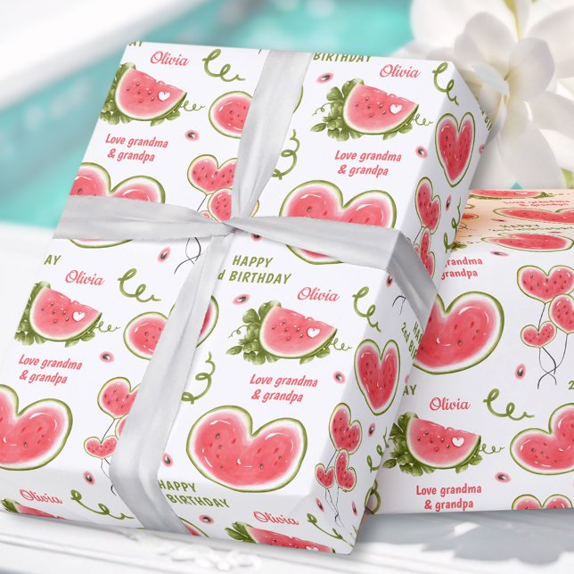 Watermelon Pink Summer Birthday Girl Name Text Geschenkpapier (Watermelon Pink Summer Birthday Girl Name Text Wrapping Paper)