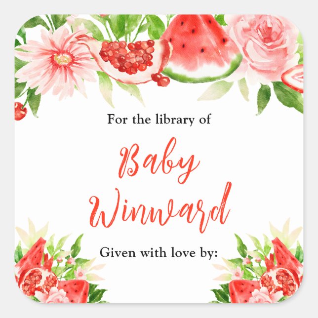 Watermelon Pomegranate Baby Shower Bookplate Quadratischer Aufkleber (Vorderseite)