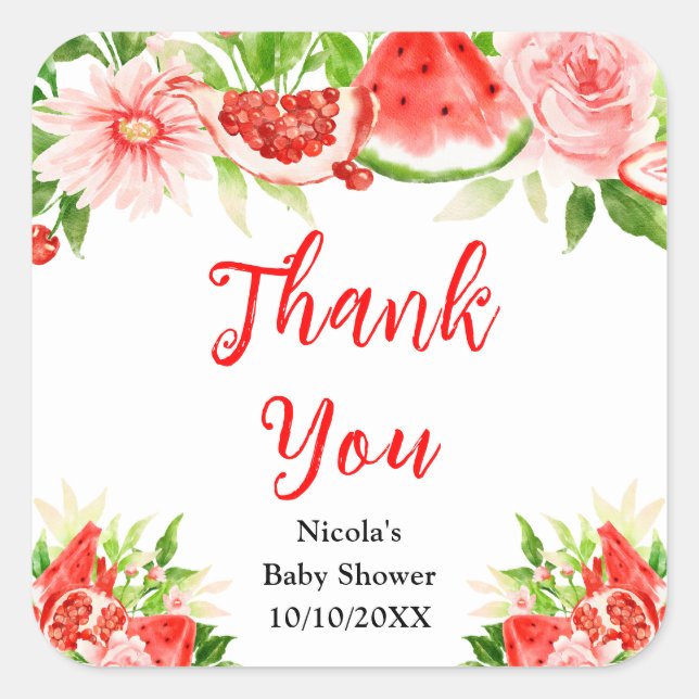 Watermelon Pomegranate Baby Shower Thank You Quadratischer Aufkleber (Vorderseite)