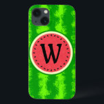 Watermelon Slice Sommer Frucht mit Rind Monogram iPhone 13 Hülle<br><div class="desc">This pretty watermelon monogram design has a round fruit that looks like it's been sliced, so the juicy pink-red flesh of the melon shows through, along with a circle of black watermelon seeds. The berry also has a speckled green, mottled rind pattern. Use the template to easily add your initial...</div>