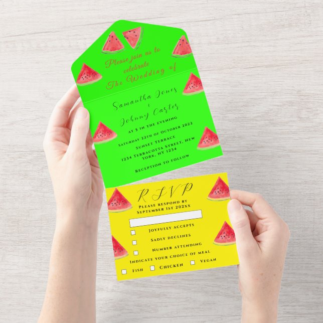 Watermelon Tropical Fruit Trendy Neon Wedding All In One Einladung (Abreißen)