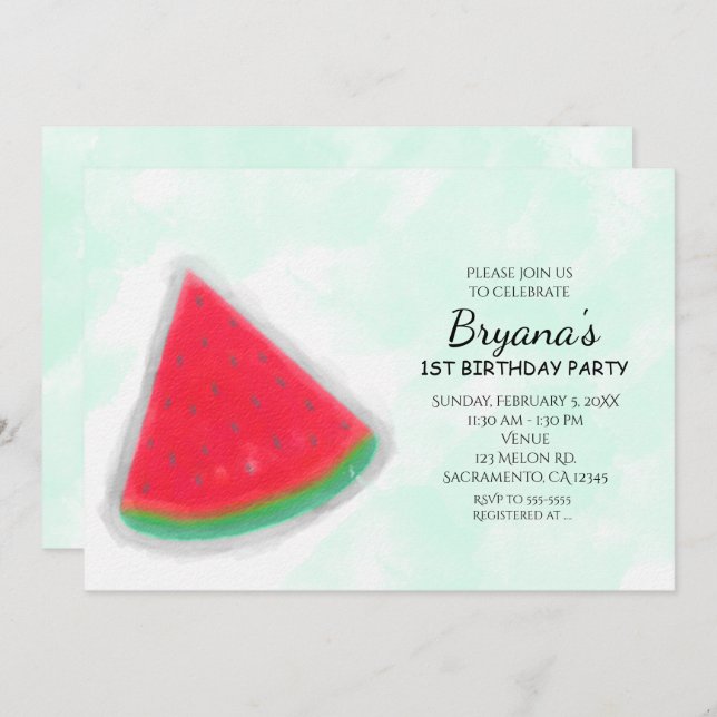 Watermelon Watercolor Invitations de fête d'annive (Devant / Derrière)