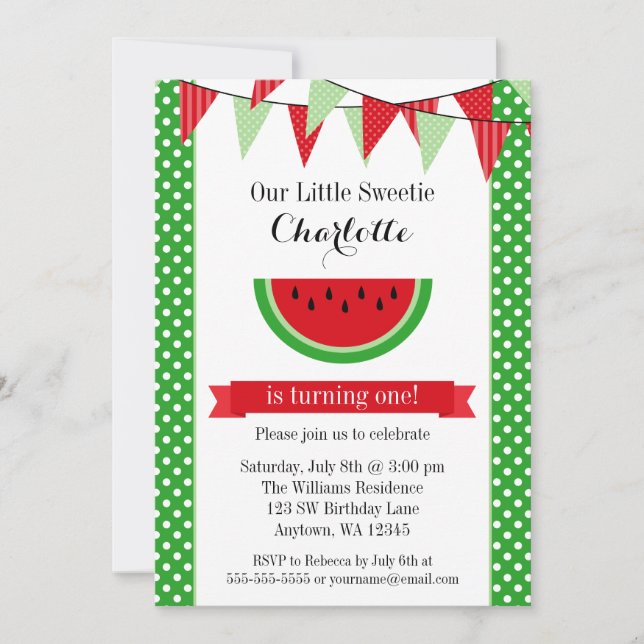 Watermelone Red Green Bunting Geburtstagspartei Einladung (Vorderseite)