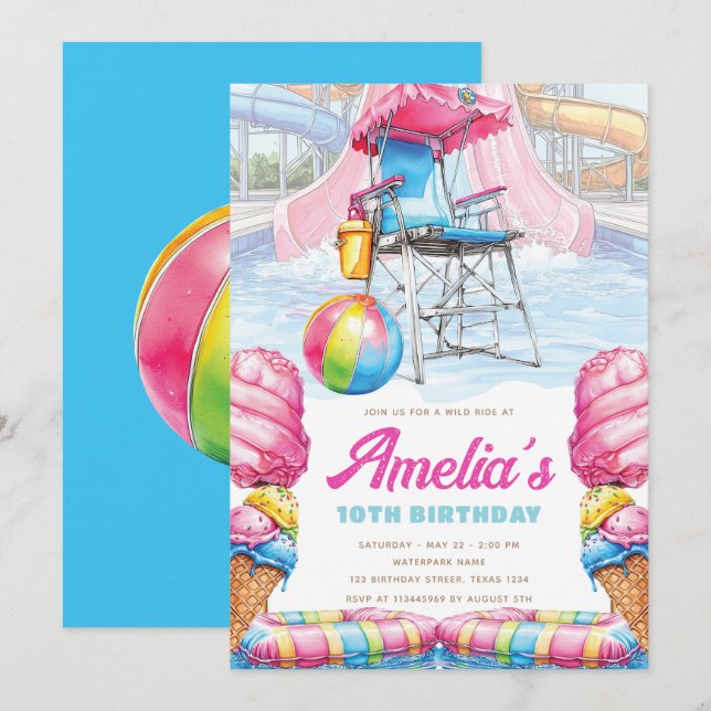 Waterpark Birthday Lifeguard Chair & Pool Fun Einladung (Vorne/Hinten)