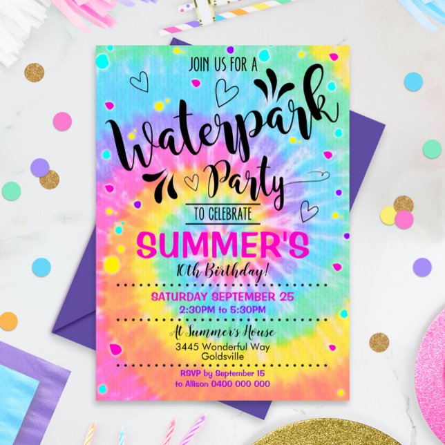 Waterpark Party Invitation Parc aquatique Tie Dye (Waterpark Party Invitation. Perfect design for your next Water Park Birthday Party!)