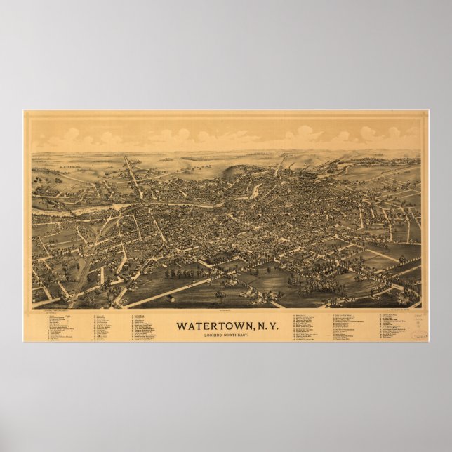 Watertown New York 1891 Antique Panoramabalkarte Poster (Vorne)