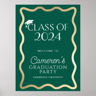 Wave Dark Green Gold Graduation Party Willkommen Poster
